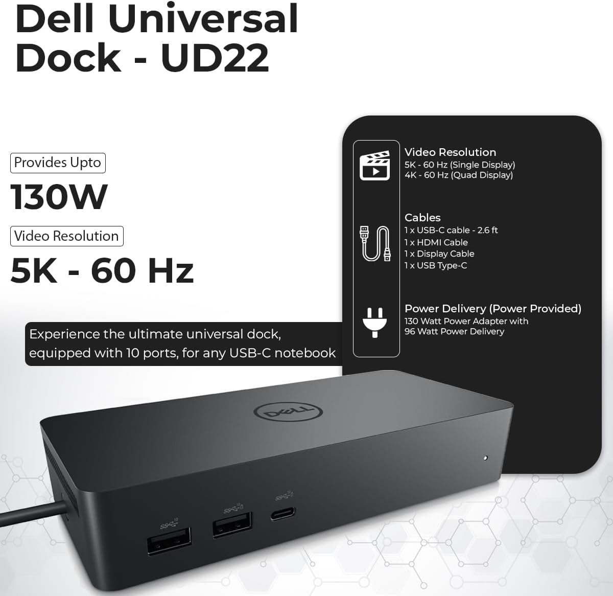 UD22 Dell Docking Station Dual Monitor Bundle - USB-C/USB-A Universal Dell Dock for Laptops Comes with 130W Adapter + Anyhdd HDMI, DisplayPort, USB-C Cables & Cloth - Supports Dual/Triple/4 Monitors