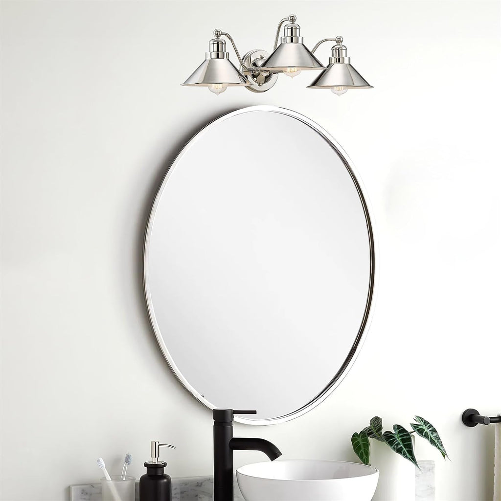 Kira Home Welton 25.5' 3-Light Modern Farmhouse Vanity Light with Funnel Shades, Industrial Wall Sconce Bathroom Light, Polished Nickel Finish