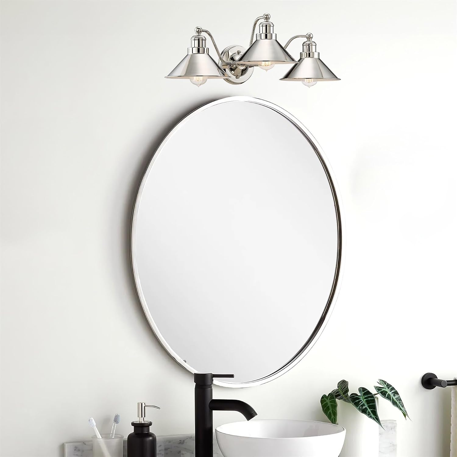 Kira Home Welton 25.5' 3-Light Modern Farmhouse Vanity Light with Funnel Shades, Industrial Wall Sconce Bathroom Light, Polished Nickel Finish