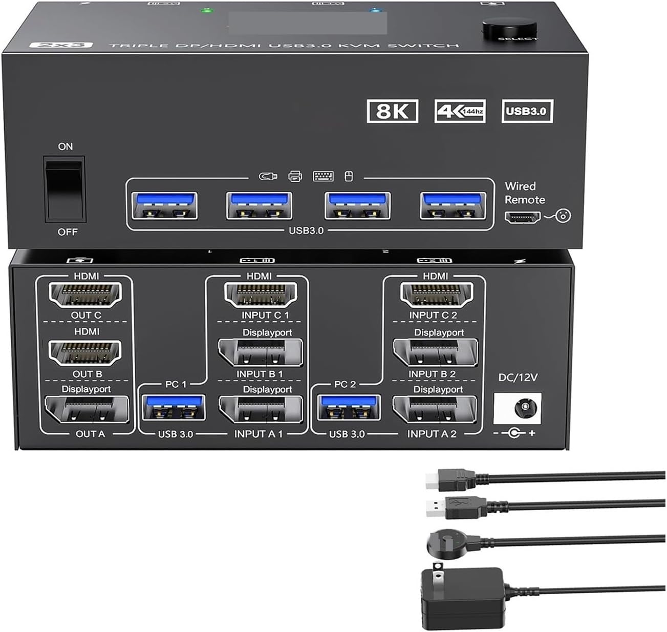 2HDMI + Displayport KVM Switch 3 Monitors 2 Computers 8K@60Hz 4K@144Hz,Triple Monitor KVM Switch for 2 Computers Share 3 Monitor(with AU Plug)