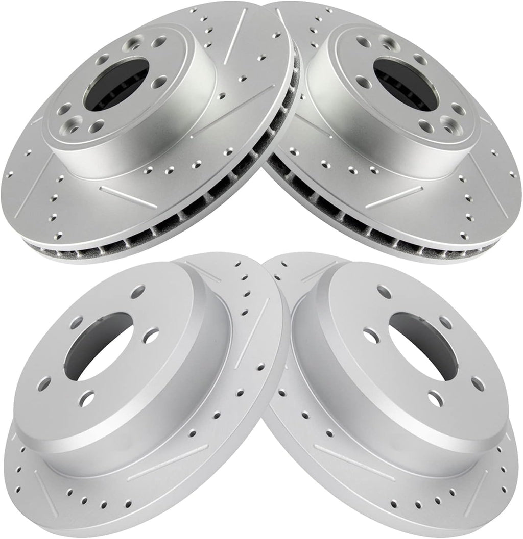 TRQ Performance Front and Rear Brake Rotor Set G Coated Drilled and Slotted Compatible with 1998-2002 Ford Crown Victoria Lincoln Town Car Mercury Grand Marquis