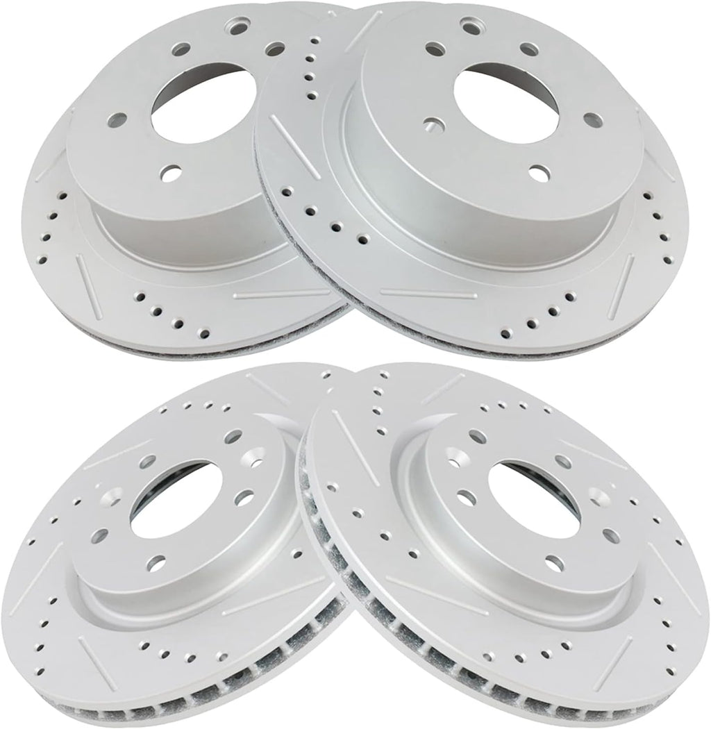 TRQ Performance Front and Rear Brake Rotor Set G Coated Drilled Slotted Compatible with 2014-2017 Nissan Leaf 2014-2020 Rogue 2017-2022 Rogue Sport