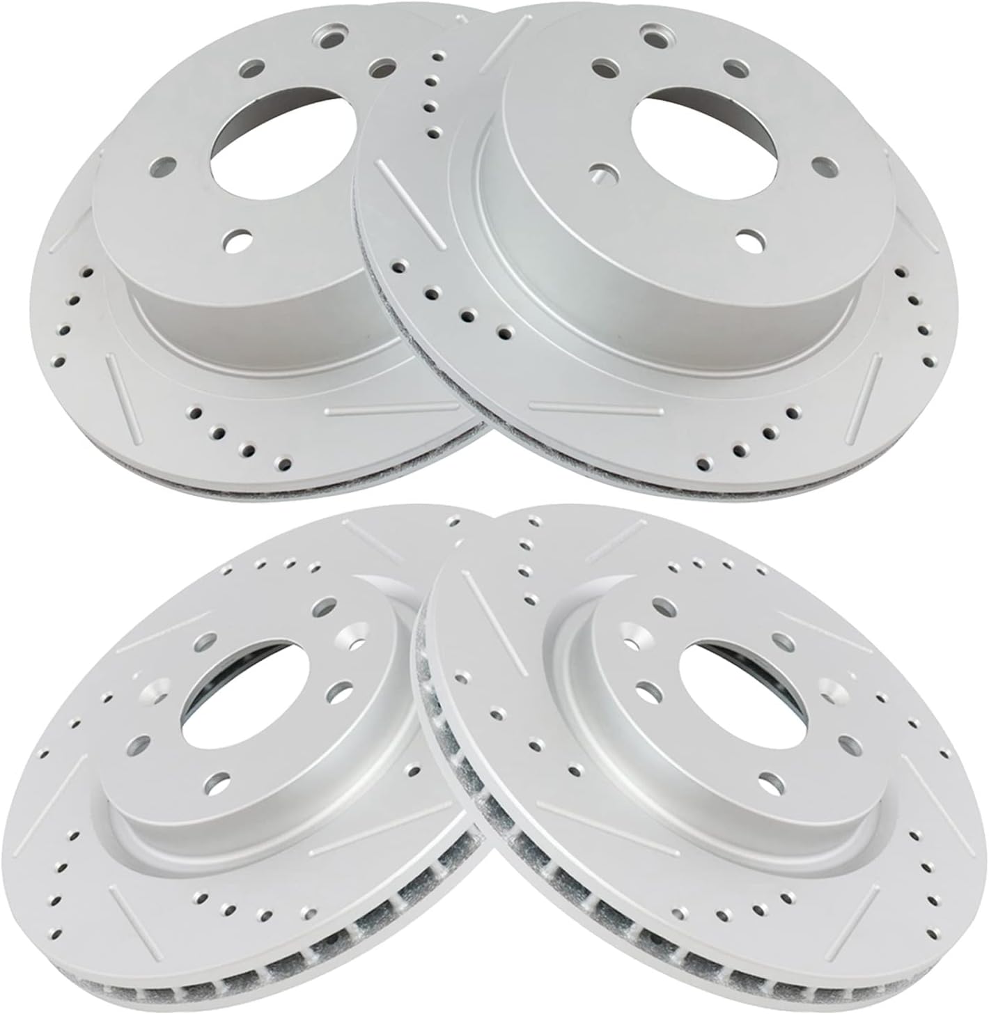 TRQ Performance Front and Rear Brake Rotor Set G Coated Drilled Slotted Compatible with 2014-2017 Nissan Leaf 2014-2020 Rogue 2017-2022 Rogue Sport
