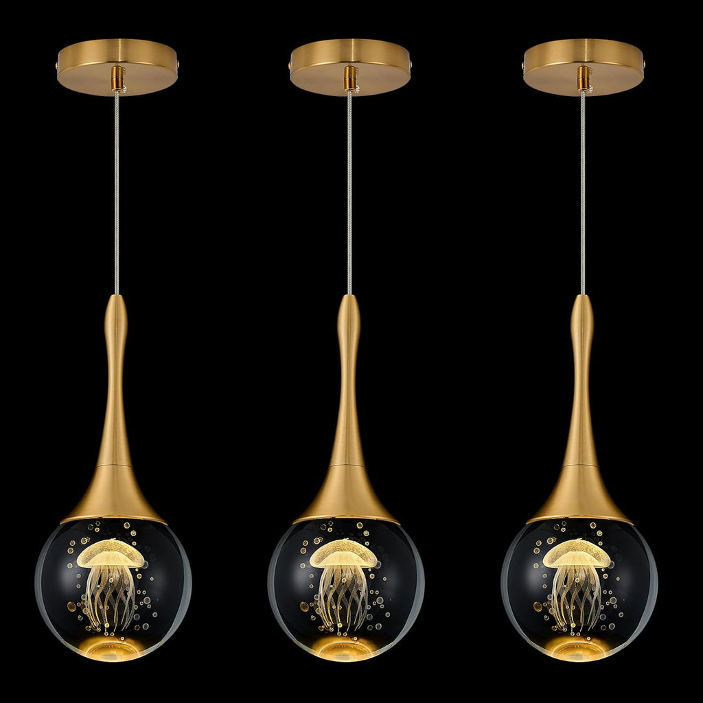 LED Pendant Light Kitchen Island Jellyfish Crystal Pendant Lights Dimmable Gold Modern Hanging Light for Bedroom Bathroom Living Room 3000K Warm White, 3 Pack
