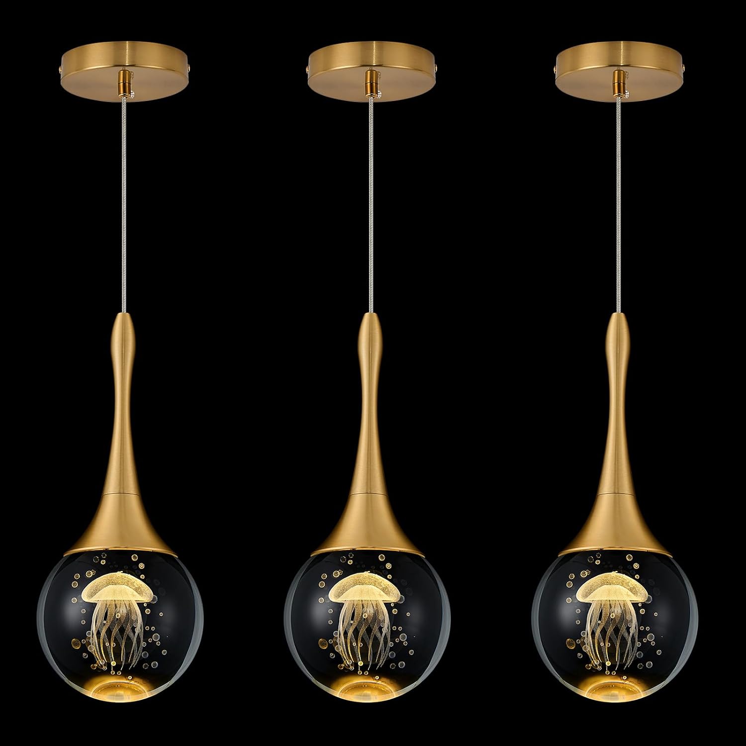 LED Pendant Light Kitchen Island Jellyfish Crystal Pendant Lights Dimmable Gold Modern Hanging Light for Bedroom Bathroom Living Room 3000K Warm White, 3 Pack