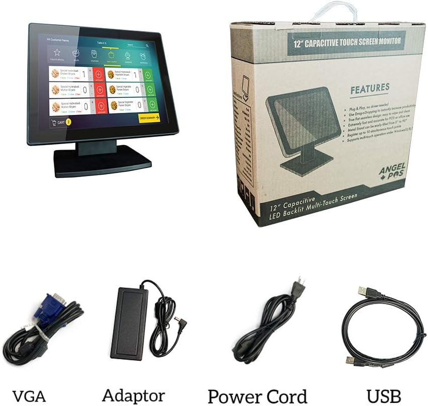 12-Inch Capacitive Multi-Touch POS TFT LED Touchscreen Monitor, True Flat Seamless Design with Adjustable POS Stand for Retail Restaurant, HDMI & VGA Inputs, High Resolution 1024 x 768