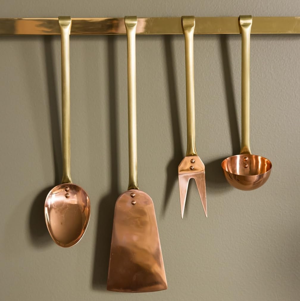 Copper Kitchen Utensils Set with Holder - Cooking Utensils Set Includes Spoon Ladle, Spatula, Fork and Small Ladle - Doubles as a Wall Decor - Perfect Wall Art Aesthetic for Cooking Enthusiasts