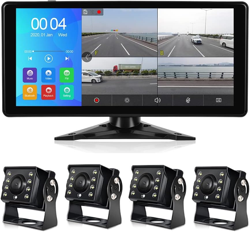 EVERSECU Car Backup Cameras System with 4K 10.36' Touch Screen Quad Display Monitor & 4pcs 1080P Backup AHD Cameras, MP5 Player, Vehicle DVR Recorder for RV/Truck/Bus/Trailer/Camper/Van