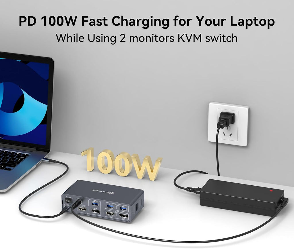 KVM Switch 2 Monitors 2 Computers Docking Station USB C + HDMI/DP Input with 100W PD, 4K60Hz/4K120Hz Displayport HDMI Dual Monitor for Laptop and Desktop Share 13-in-1 Dock Aluminum Case Plug and Play