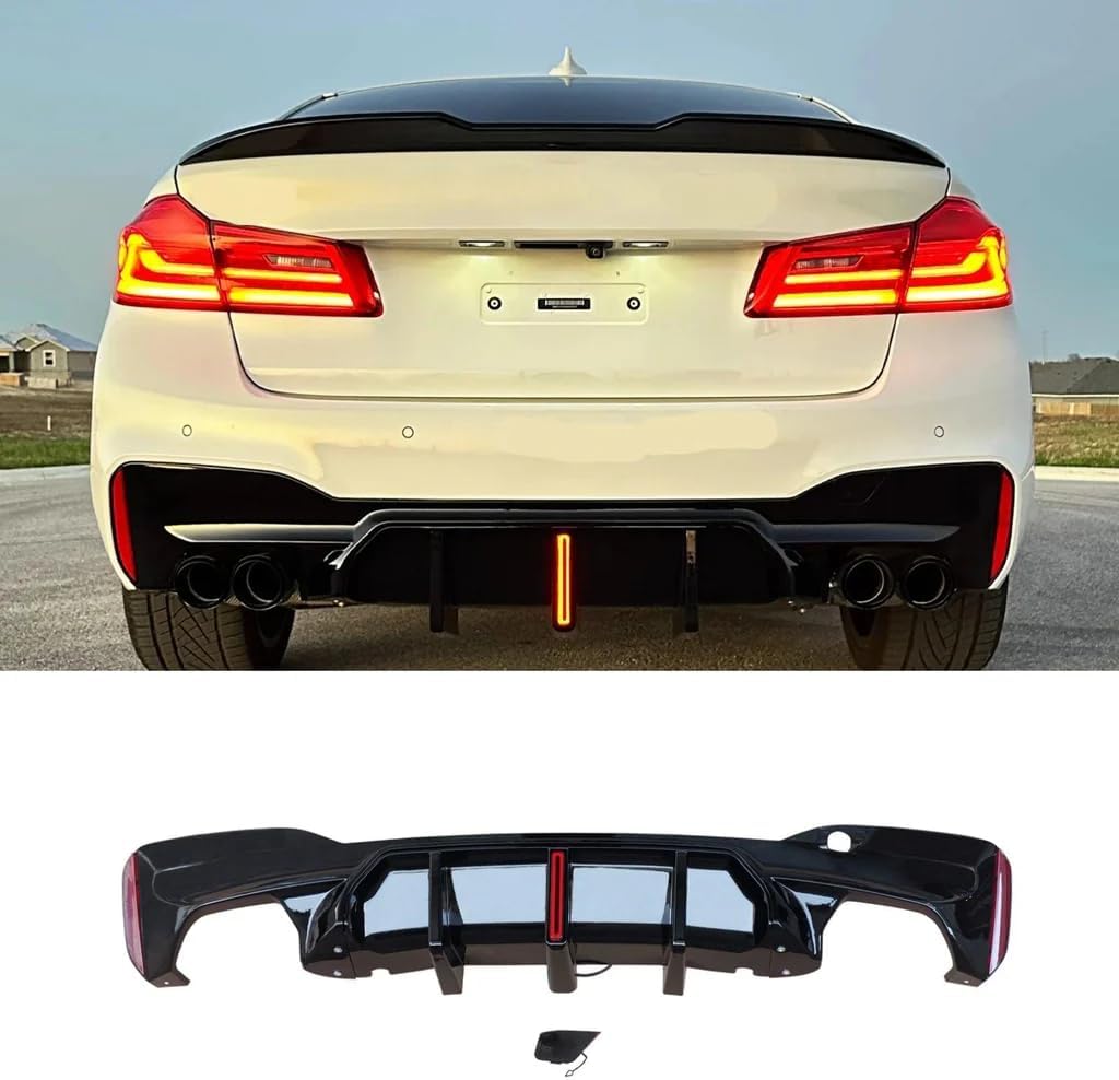 Fit for BMW G30 Rear Diffuser 2017-2023, G31 G38 M5 Sedan 5 Series 530e/530i/540i/550i Rear Bumper Lip W/LED Light, Gloss Black ABS G30 Automotive Exterior Accessories Body Kit