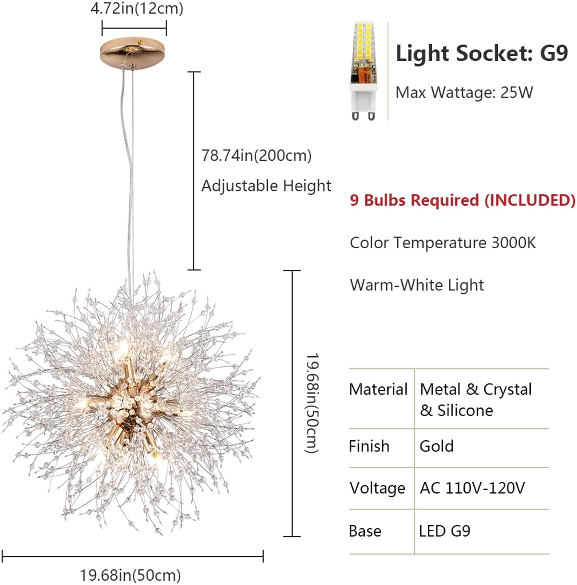 Firework Gold Crystal Chandelier, 9-Light Dandelion Chandelier Lighting for Dining Room, 19.6' Modern Sputnik Pendant Light for Bedroom Kitchen Island