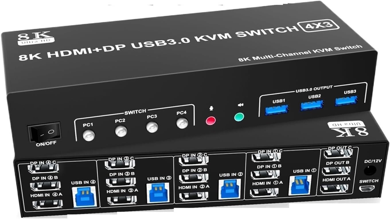 8K@60Hz 2 Displayport +HDMI USB3.0 KVM Switch 3 Monitors 4 Computers, 2 DP 1.4 +HDMI 2.1 Triple Monitor KVM Switch for Keyboard(with AU Plug)