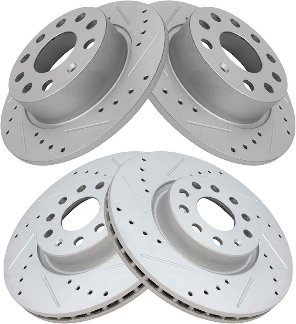 TRQ Performance Front and Rear Brake Rotor Set G Coated Drilled and Slotted Compatible with 2011-2013 Audi A3 2011-2013 A3 Quattro 2009-2013 Volkswagen Eos 2013-2017 Beetle 2011-2018 Jetta