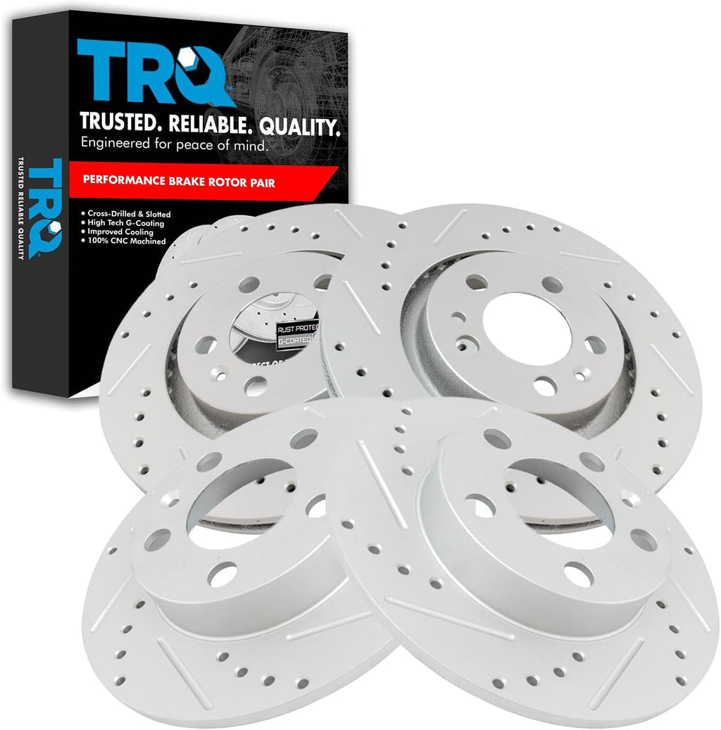 TRQ Performance Front and Rear Brake Rotor Set G Coated Drilled and Slotted Vented Solid Compatible with 1998-2010 Volkswagen Beetle 1999-2006 Golf 1999-2006 Jetta