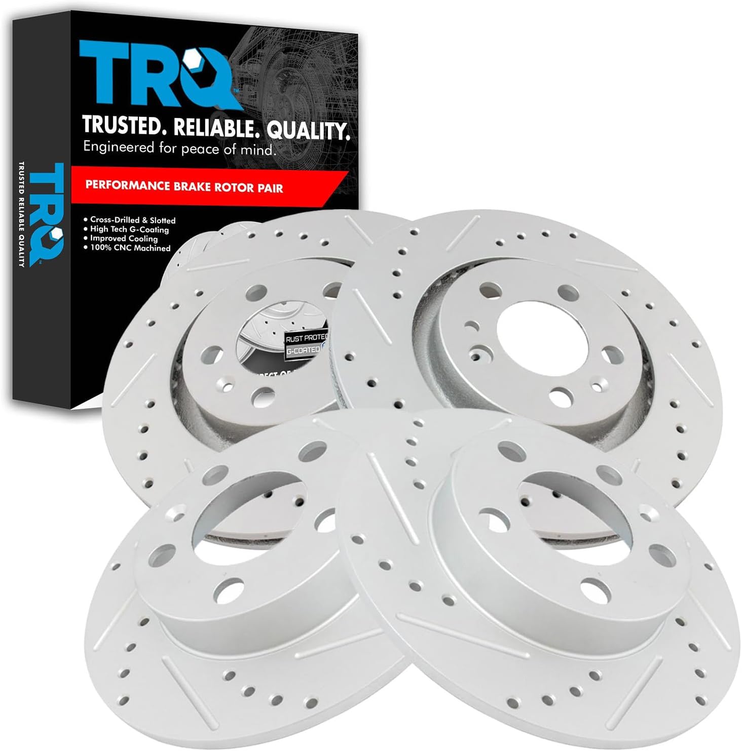 TRQ Performance Front and Rear Brake Rotor Set G Coated Drilled and Slotted Vented Solid Compatible with 1998-2010 Volkswagen Beetle 1999-2006 Golf 1999-2006 Jetta