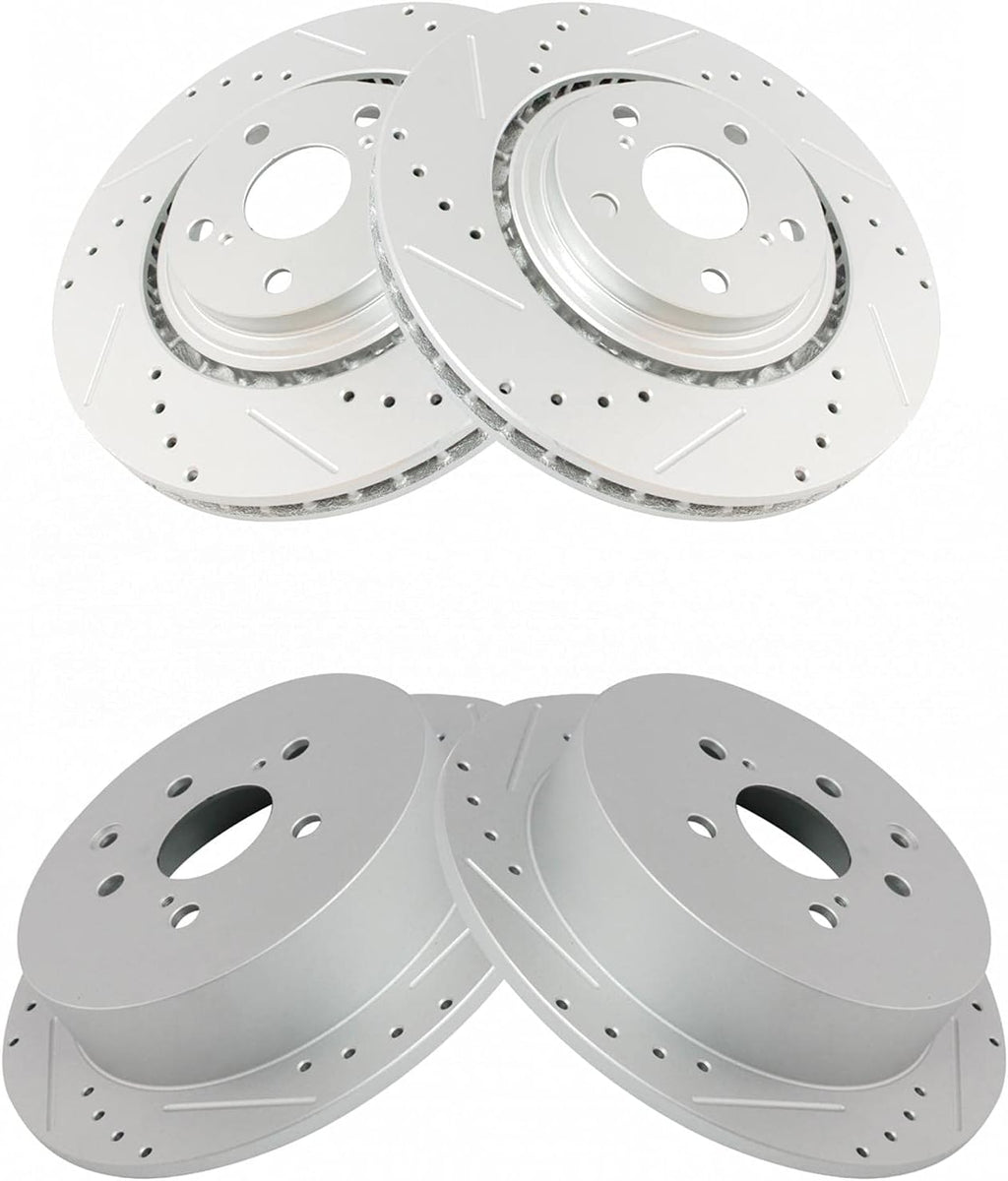 TRQ Performance Front and Rear Brake Rotor Set G Coated Drilled and Slotted Vented Solid Compatible with 2010-2015 Lexus RX350 RX450h 2014-2019 Toyota Highlander 2011-2020 Sienna