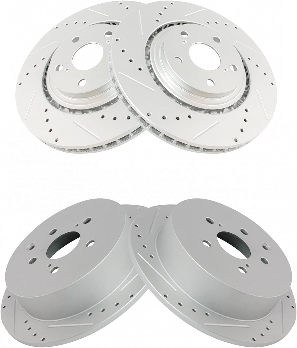 TRQ Performance Front and Rear Brake Rotor Set G Coated Drilled and Slotted Vented Solid Compatible with 2010-2015 Lexus RX350 RX450h 2014-2019 Toyota Highlander 2011-2020 Sienna