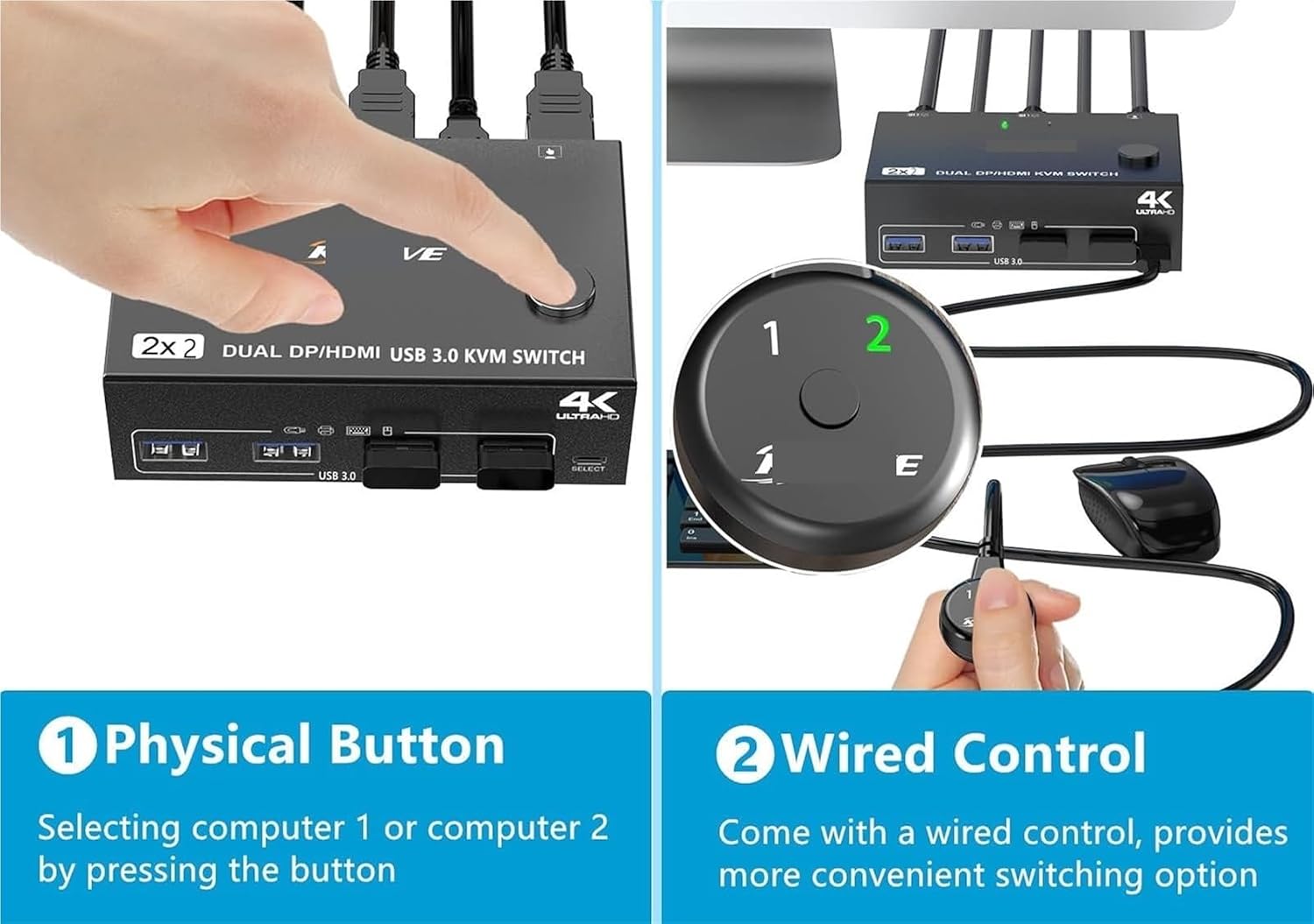 HDMI USB 3.0 Dual Monitors Displayport KVM Switch,Supports for 2 Computers Share Keyboard Mouse and Monitor