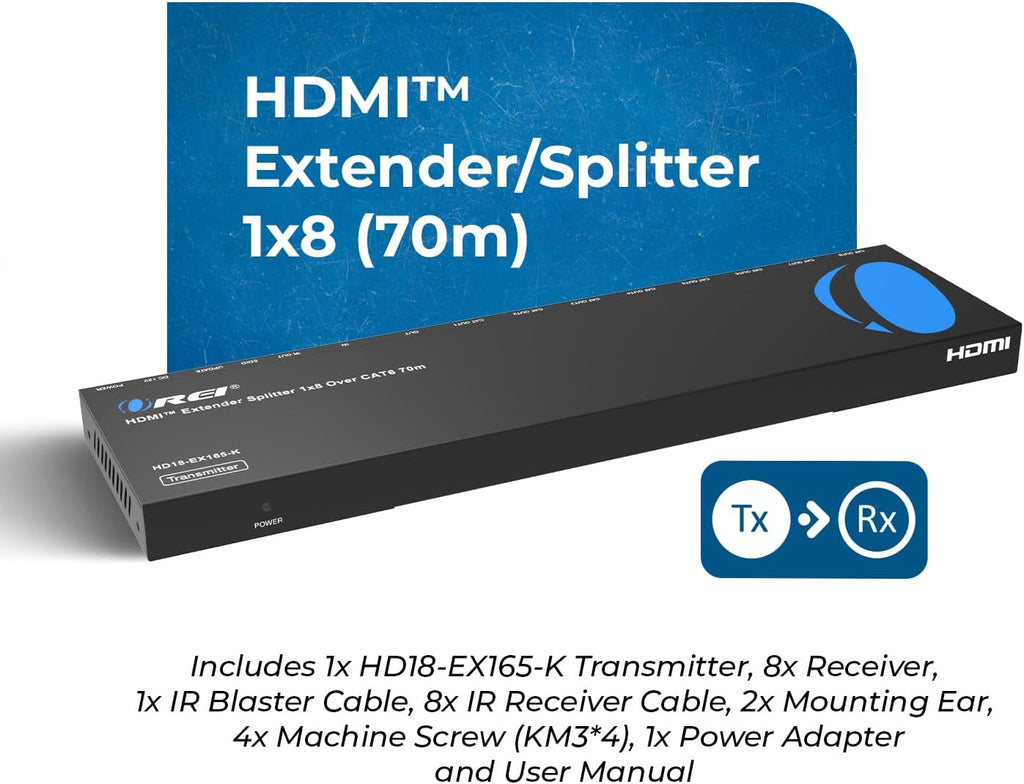 OREI 4K 1x8 HDMI Extender Splitter Multiple Over CAT 6/7 Cable with EDID management - 4K@30Hz upto 165ft and 1080p@60Hz upto 230ft- Loop Out