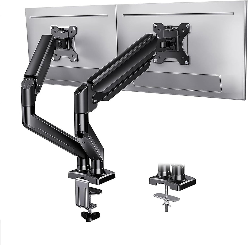Adjustable Dual-Screen Monitor Stand,13-32 Inch Screen,Pneumatic Spring,360° Rotation,2 Installation Method,Vesa Mount,22lbs Load Capacity,Flexible Adjustment,Black