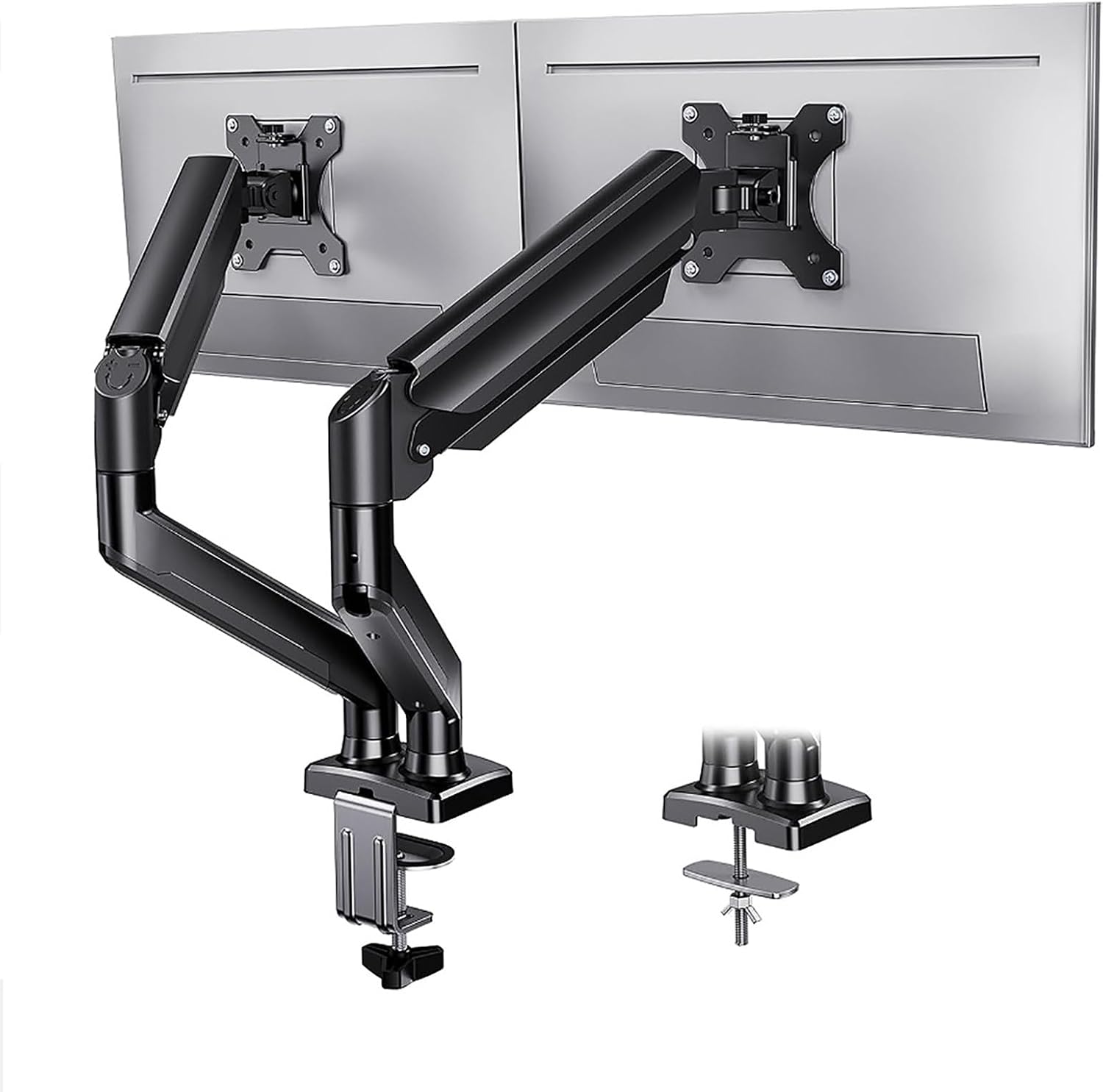 Adjustable Dual-Screen Monitor Stand,13-32 Inch Screen,Pneumatic Spring,360° Rotation,2 Installation Method,Vesa Mount,22lbs Load Capacity,Flexible Adjustment,Black