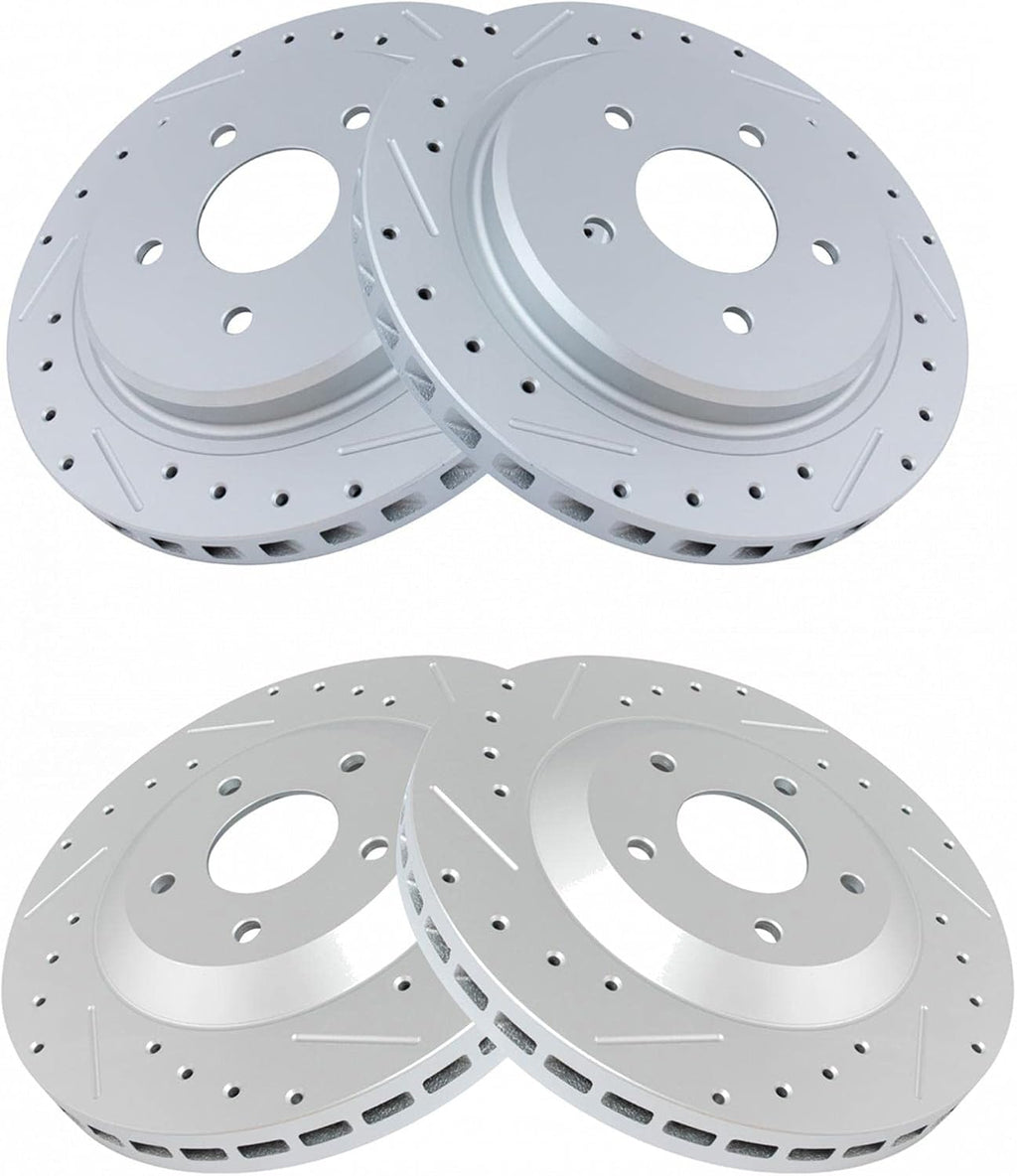 TRQ Performance Front Rear Brake Rotor Set G Coated Vented Drilled Slotted Compatible with 1997-2004 Chevrolet Corvette 2004 2004-2009 Cadillac XLR