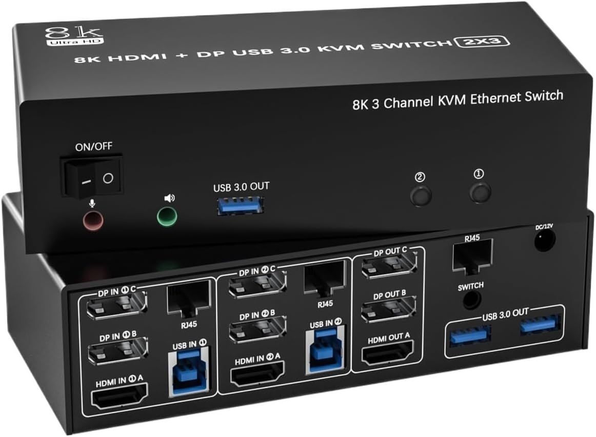 8K 60Hz KVM Switch 3 Monitors 2 Computers Share 1000Mbps Ethernet, Displayport + HDMI USB3.0KVM Switch Triple Monitor with Audio(with EU Plug)