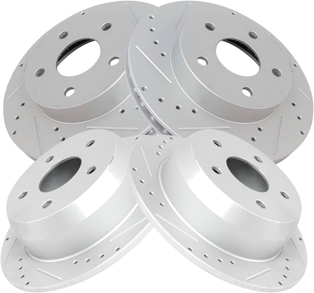 TRQ Performance Front and Rear Brake Rotor Set G Coated Drilled and Slotted Compatible with 1999-2004 Jeep Grand Cherokee
