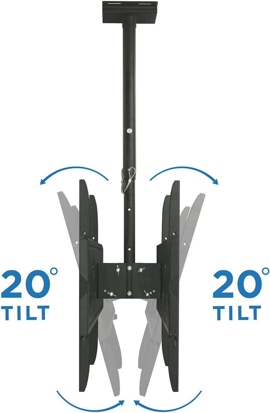 Mount-It! Dual TV Ceiling Mount – Commercial Back-to-Back Ceiling TV Bracket for 37–75' Screens, 360° Swivel, 20° Tilt, VESA 800x450, 175 lb/Side, Height Adjustable, Locking Bar, Heavy-Duty Steel