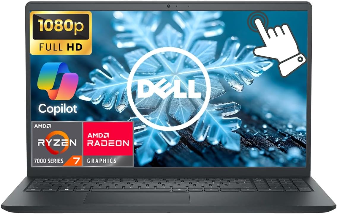 Dell Inspiron 15 Laptop, 15.6' FHD Touch Screen Business Laptop Computer, 8-core AMD Ryzen 7 Processor, 16GB RAM 256GB SSD, Windows 11 Laptop, AI Copilot Ready, Black