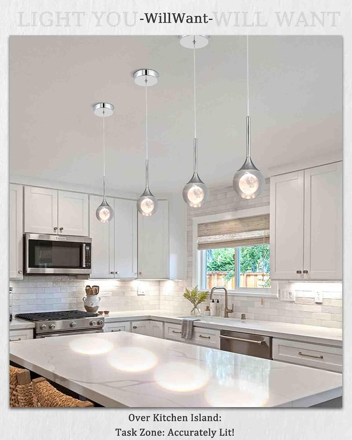 2 Pack Modern Crystal Moon Pendant Lights, Dimmable Natural White (3000K) LED Hanging Light Fixture for Kitchen Island Dining Room Bar Bedroom, Chrome Finish