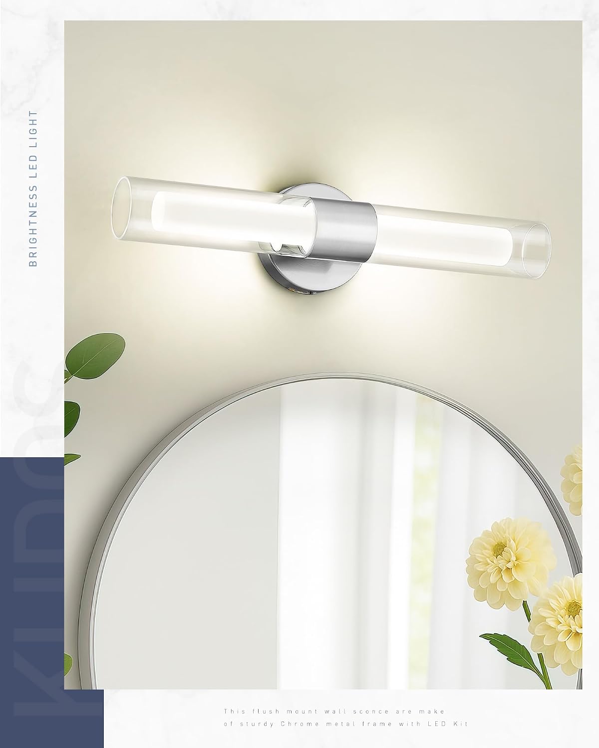 kudos Brushed Nickel Modern Sconces Wall Lighting, Bathroom sconces Set of 2 with Clear Glass and Frosted Glass, Modern LED Vanity Light for Bathroom, 3000K/4500K/6000K Adjustable,KDVL06-BN-2-2PK