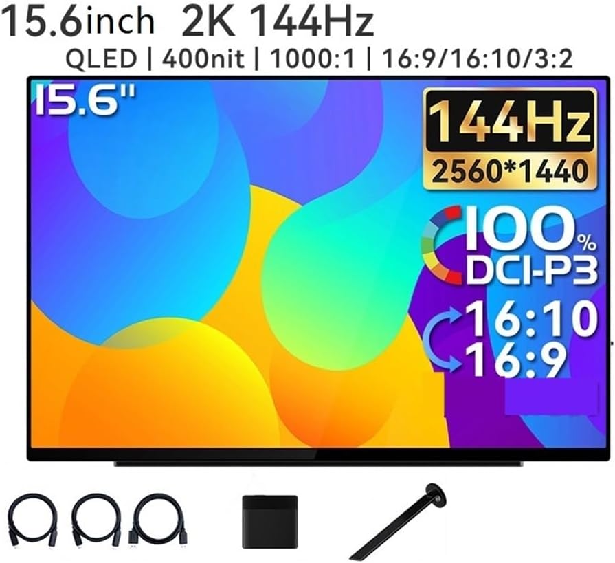 Portable Monitor for Laptop 15.6 Inch FHD 2K 144HZ QLED Portable Monitor for Office, Audio and Video Entertainment, Second Screen Portable Gaming Monitor