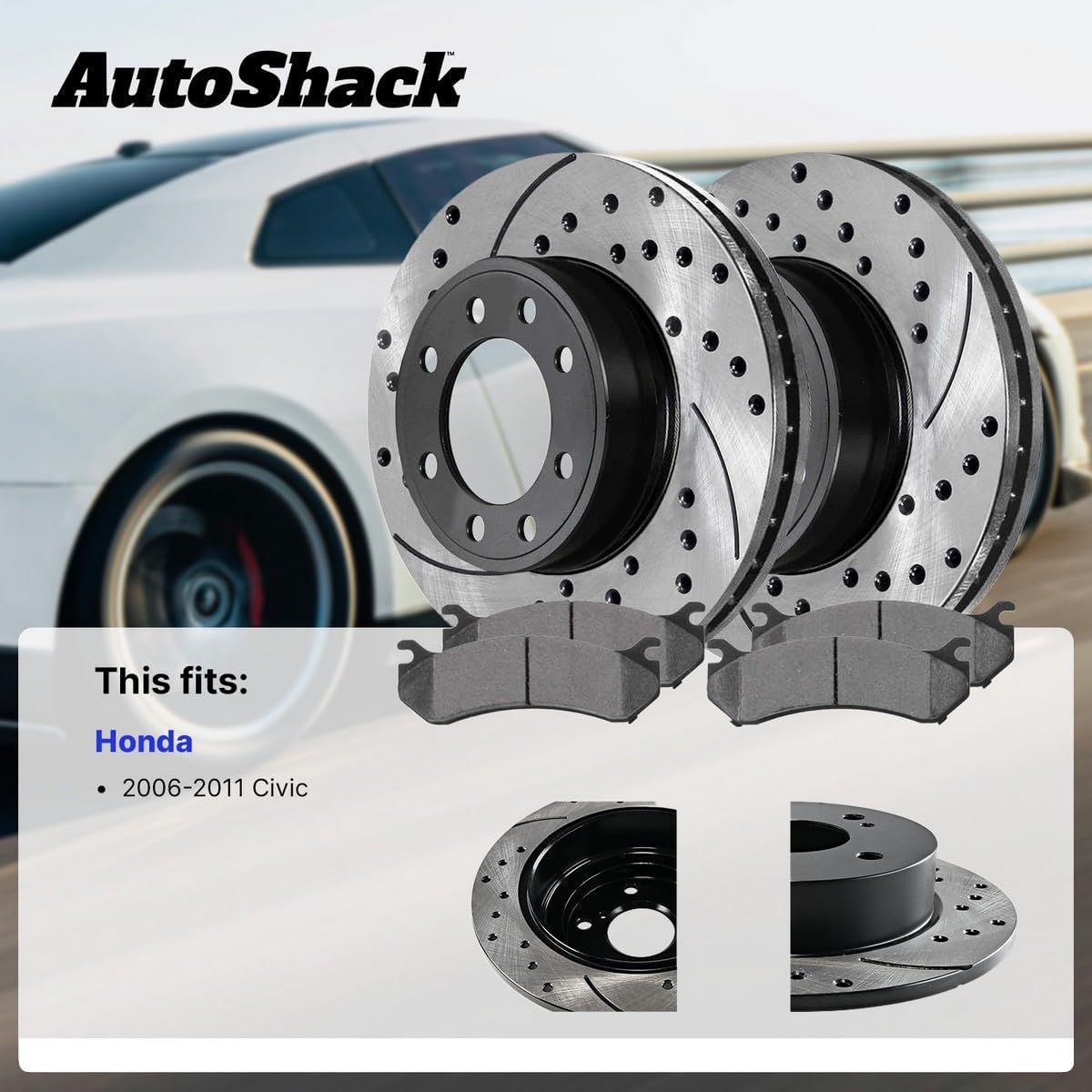 AutoShack Front & Rear Brake Rotors & Premium Pads for Honda, Civic 2006-2011, FWD L4 1.8L - E-Coated Drilled & Slotted - ShadowGuard
