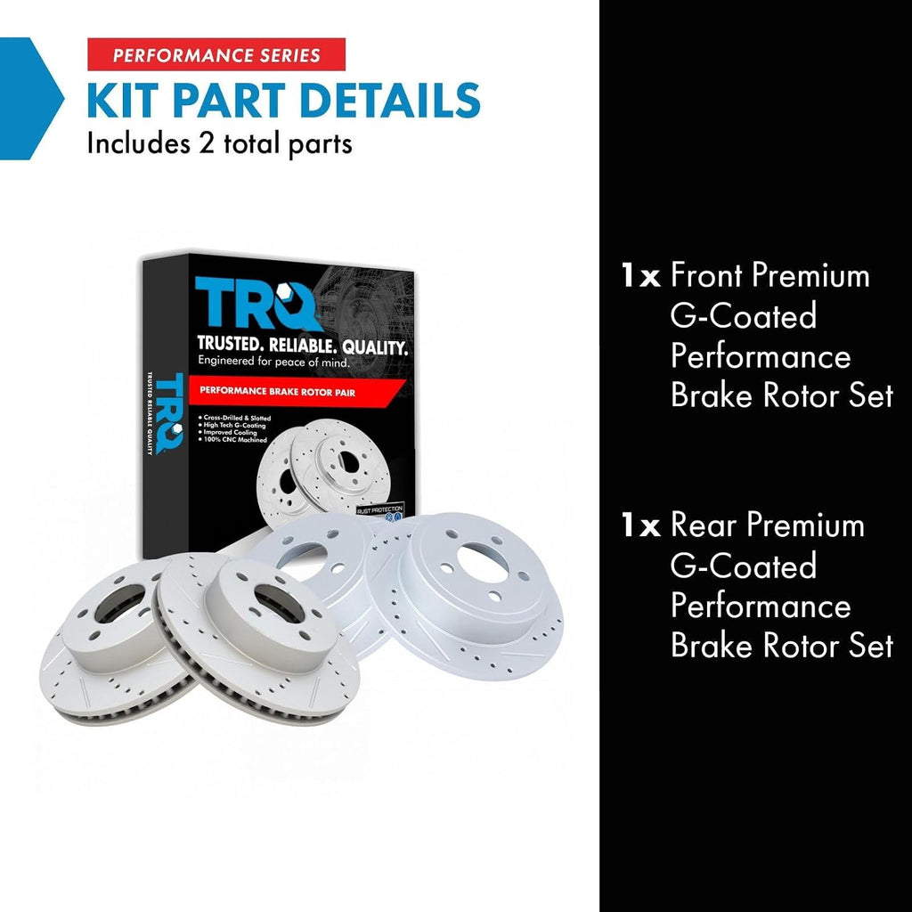 TRQ Performance Front and Rear Brake Rotor Set G Coated Drilled and Slotted Compatible with 2003-2007 Jeep Liberty