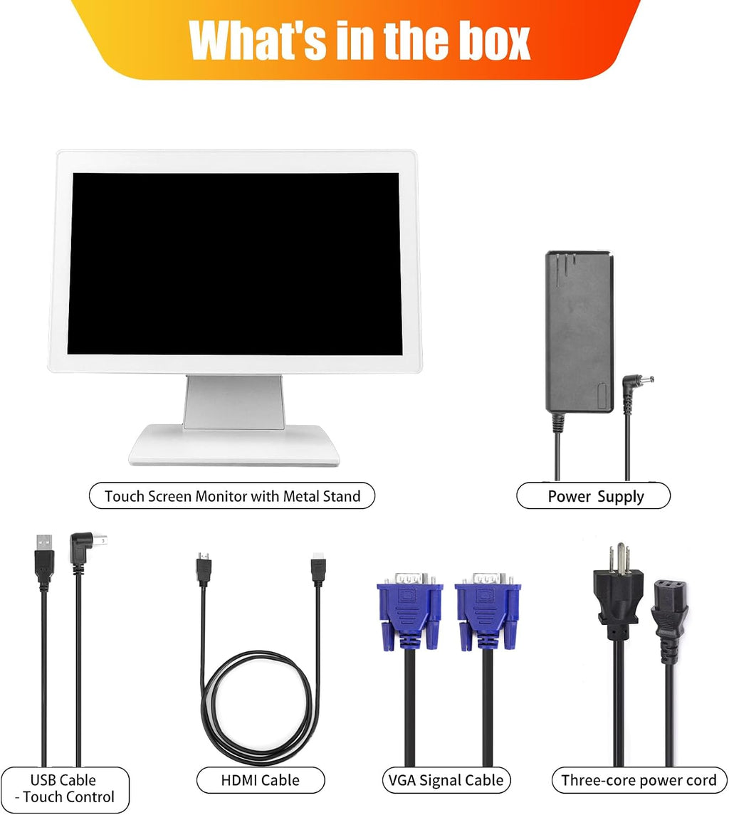ANGEL POS 15.6 Inch 1920 x 1080 FHD IPS Touchscreen POS Monitor with Metal Stand, 10 Points Touch HDMI VGA, Waterproof Dustproof Screen 1080P, Indusitrial, Office, Retail, Gym, Warehouse (White)