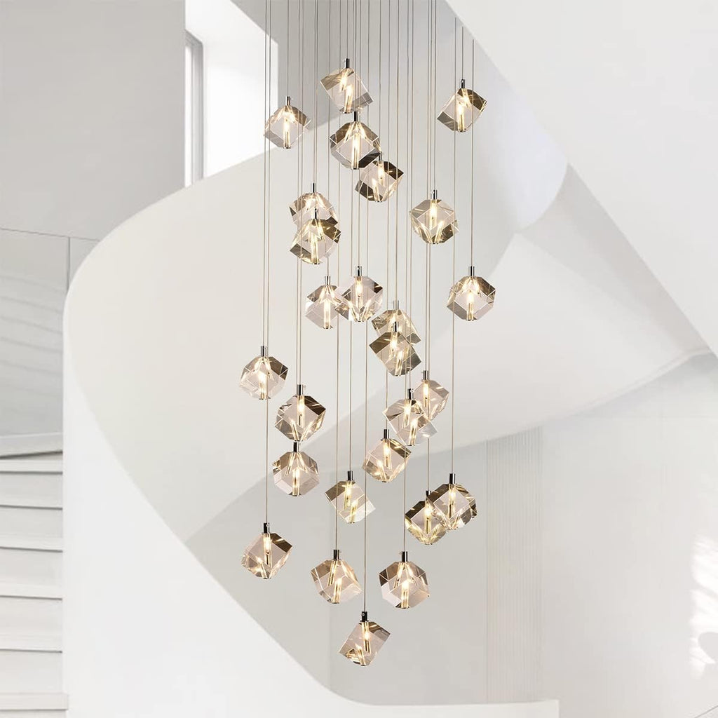 Cube Crystal Staircase Chandelier, 26-Light Raindrop Pendant High Ceiling Chandelier for Staircase, 78W Long Length Clear Crystal Pendant Hanging Light Fixture for Entryway