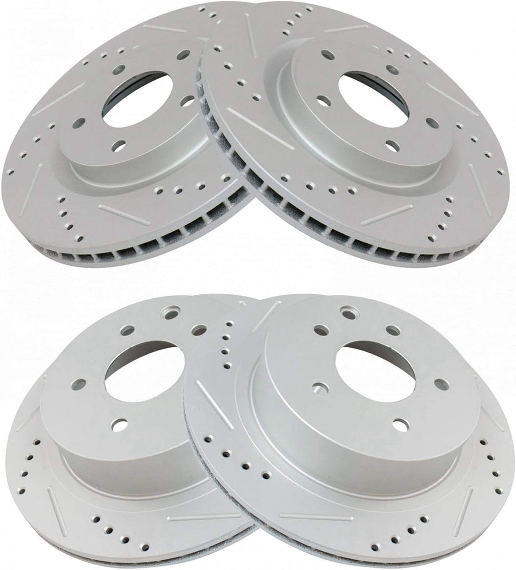 TRQ Performance Front and Rear Brake Rotor Set G Coated Drilled and Slotted Vented Compatible with 2008-2013 Nissan Rogue 2014-2015 Rogue Select