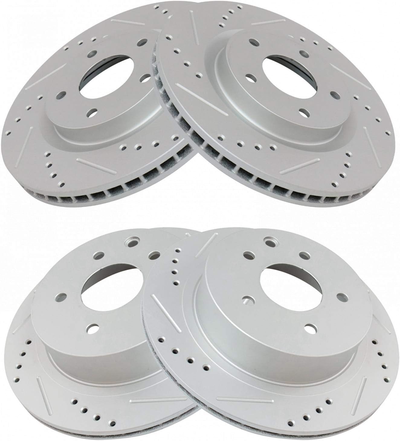 TRQ Performance Front and Rear Brake Rotor Set G Coated Drilled and Slotted Vented Compatible with 2008-2013 Nissan Rogue 2014-2015 Rogue Select