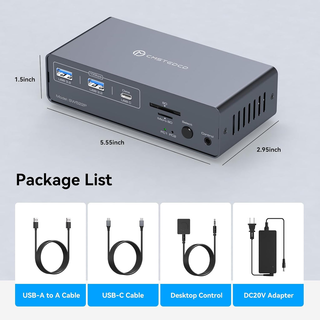 KVM Switch 2 Monitors 2 Computers Docking Station USB C + HDMI/DP Input with 100W PD, 4K60Hz/4K120Hz Displayport HDMI Dual Monitor for Laptop and Desktop Share 13-in-1 Dock Aluminum Case Plug and Play