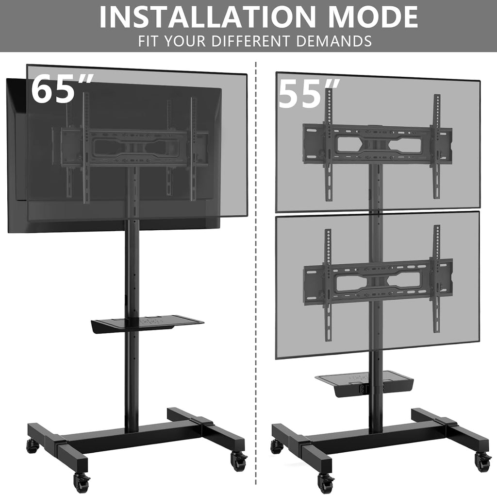 TVON Mobile Dual TV Stand for Two 32-65 Inch Plasma LCD LED Smart Flat Panel Curved TV Monitor Screens, Rolling Cart with Wheels, Tilt TV Mount Floor Stand, Hold up to 132 lbs