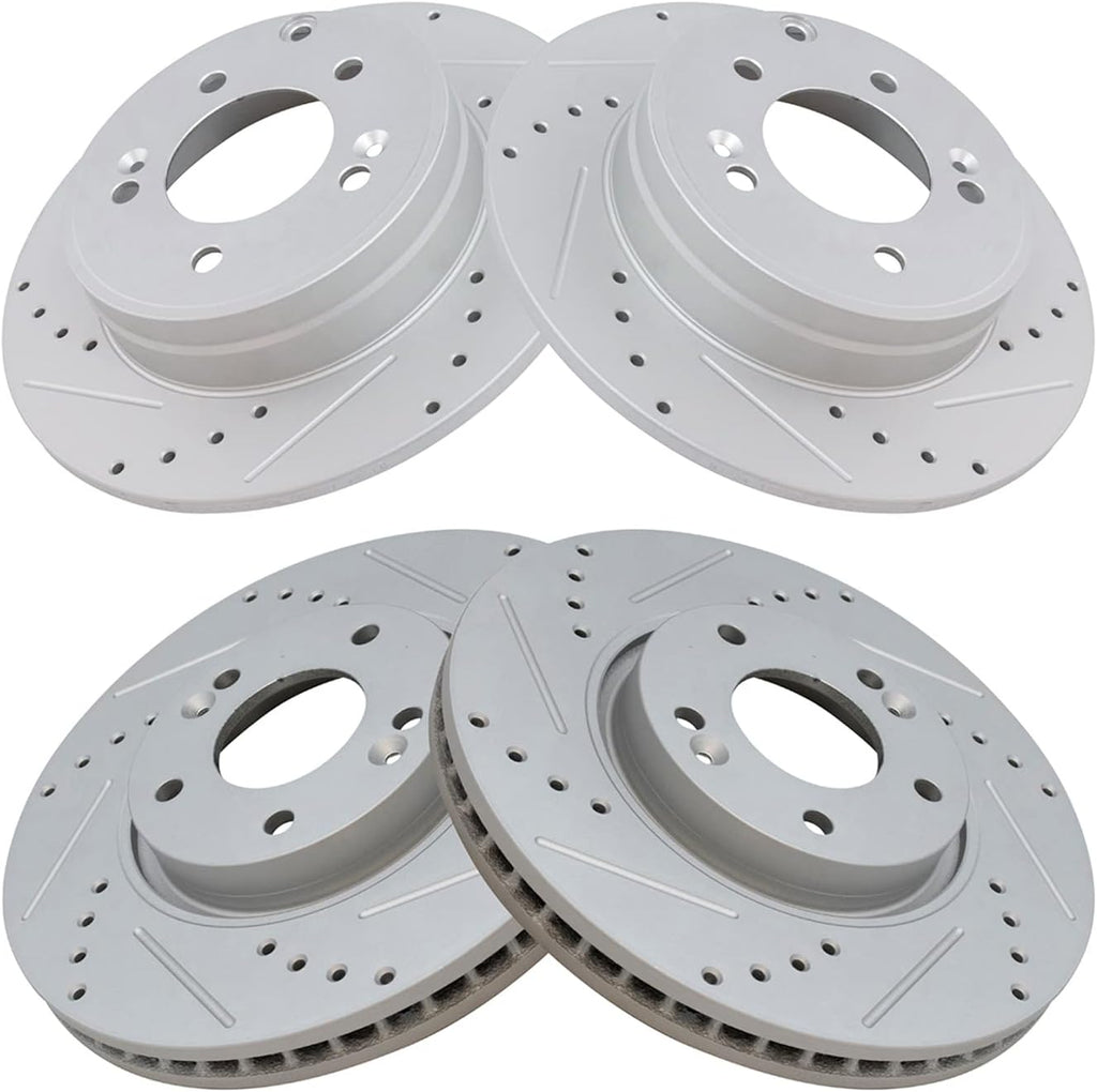 TRQ Performance Front and Rear Brake Rotor Set G Coated Drilled and Slotted Compatible with 2006-2016 Hyundai Sonata 2011-2016 Kia Optima
