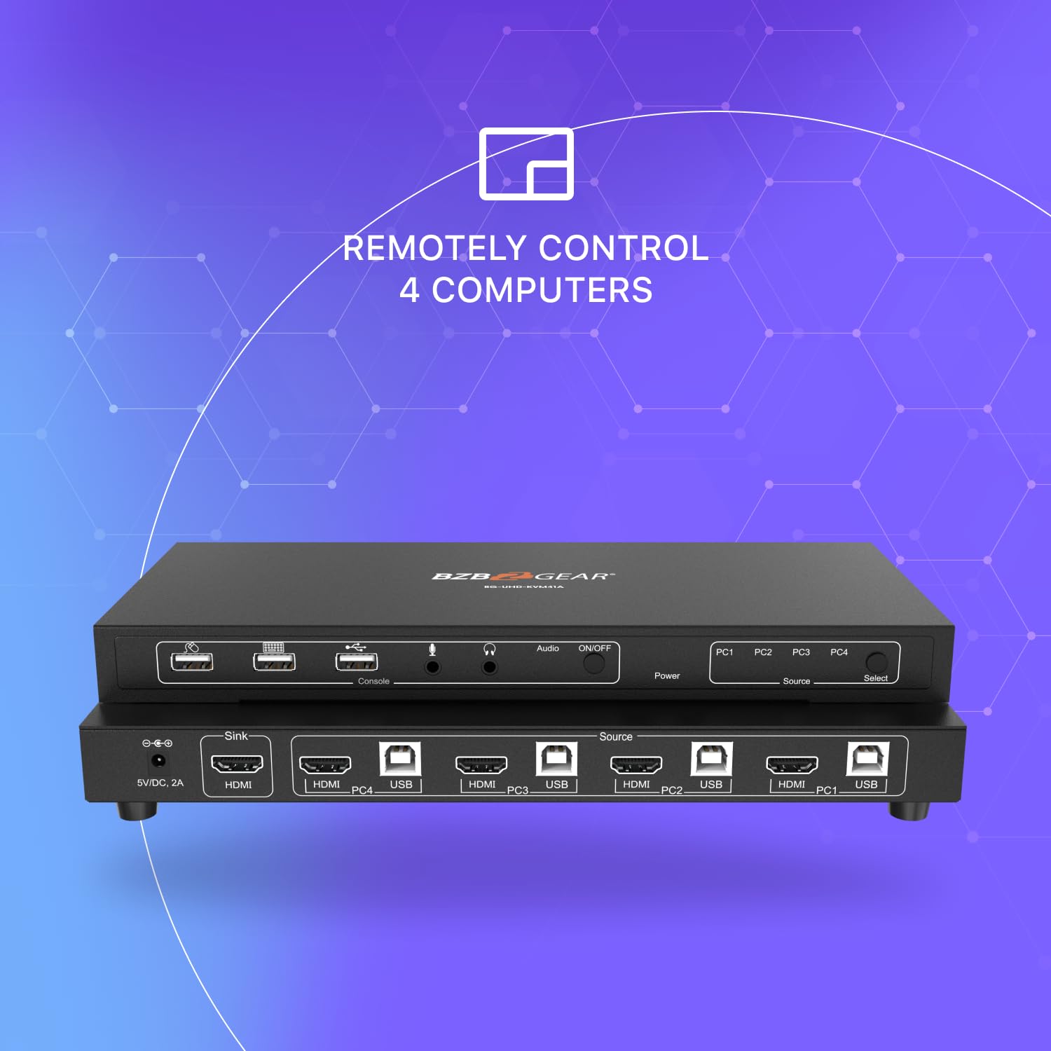 BZBGEAR 4x1 4K UHD KVM Switcher with USB 2.0 Ports for Peripherals and Audio Support - BG-UHD-KVM41A