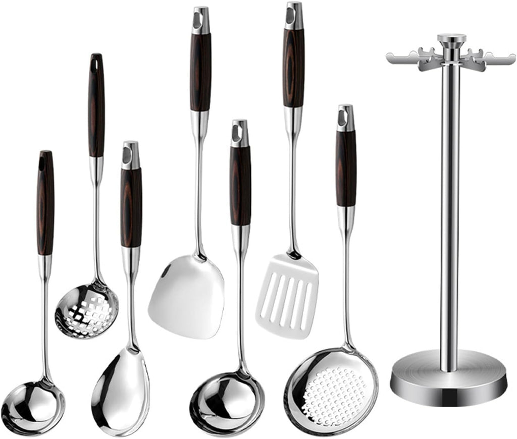 316 Stainless Steel Kitchen Utensils Set with Wooden Handle for Cooking Metal Kitchenware Cooking Utensils Set with Countertop Rotating Holder Stand Dishwasher Safe,8 Pcs
