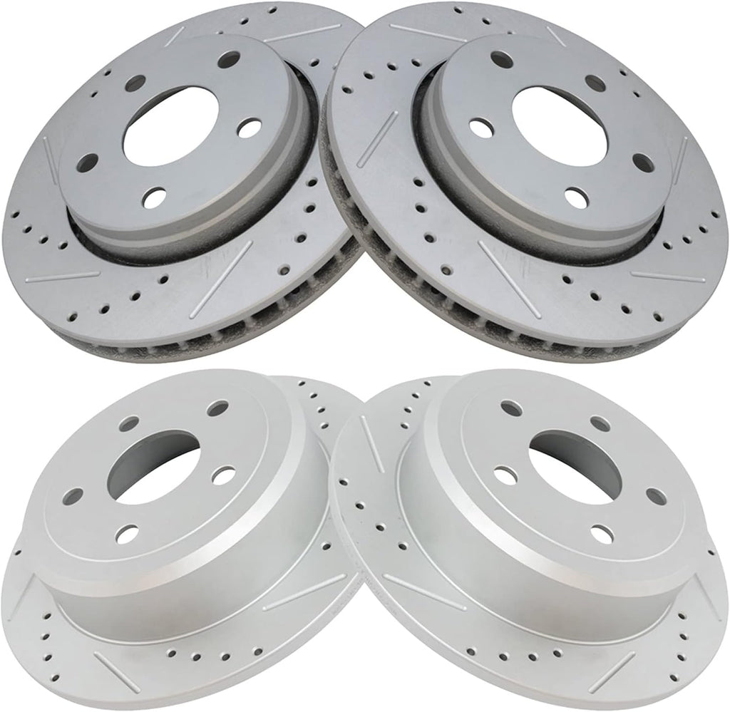 TRQ Performance Front and Rear Brake Rotor Set G Coated Drilled and Slotted Compatible with 2007-2017 Jeep Wrangler 2018 Wrangler JK