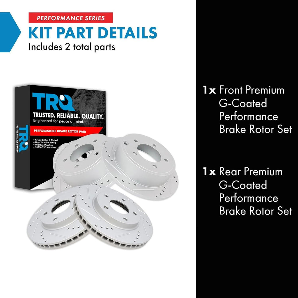 TRQ Performance Front Rear Brake Rotor Set Drilled Slotted G Coated Compatible with 2007 Dodge Caliber 2008-2017 Mitsubishi Lancer