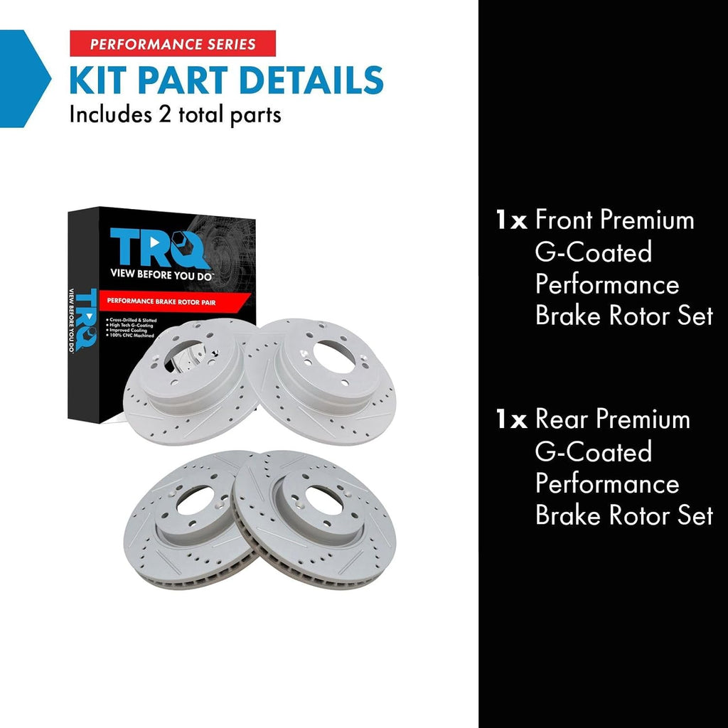 TRQ Performance Front and Rear Brake Rotor Set G Coated Drilled and Slotted Compatible with 2006-2016 Hyundai Sonata 2011-2016 Kia Optima