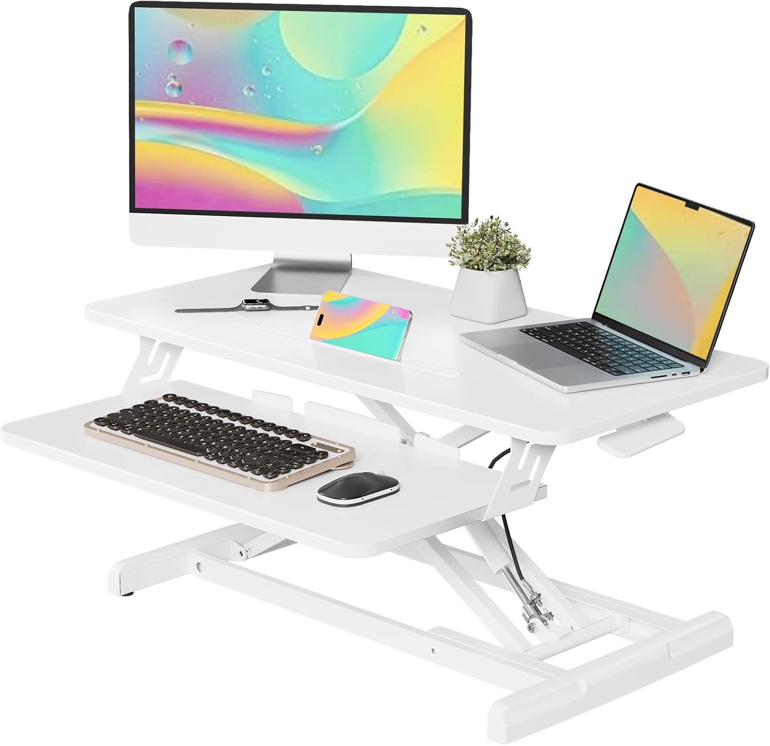 JOY worker Standing Desk Converter, 32' Wide Height Adjustable Sit Stand Up Desk Riser with Keyboard Tray, Desktop Workstation Riser for Home Office Computer Laptop, Particle Board, White