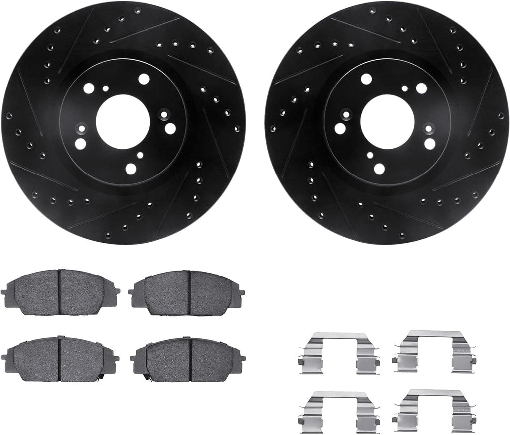 R1 Concepts Front Brake Kit Fits 2002-2006 Acura RSX; 2007-2010 Acura CSX; 2006-2011 Honda Civic| Semi Met Pads, Drilled Slotted Rotors| Hardware| 11.8' Front