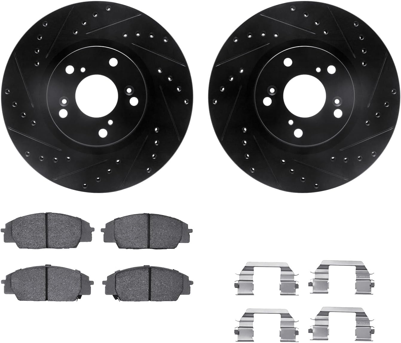 R1 Concepts Front Brake Kit Fits 2002-2006 Acura RSX; 2007-2010 Acura CSX; 2006-2011 Honda Civic| Semi Met Pads, Drilled Slotted Rotors| Hardware| 11.8' Front